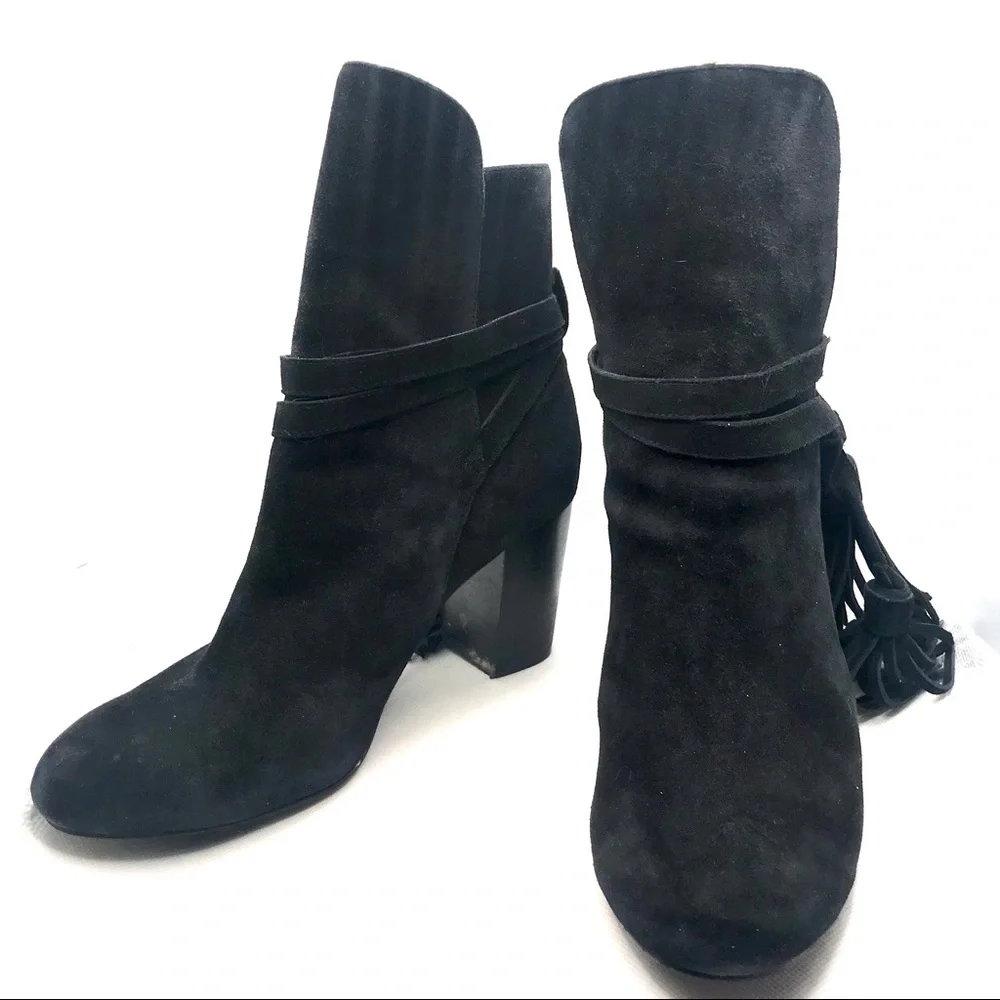& OTHER STORIES BLACK SUEDE HEELED BOOTS WITH FRINGE TASSEL ANKLE DETAILS (6.5)
